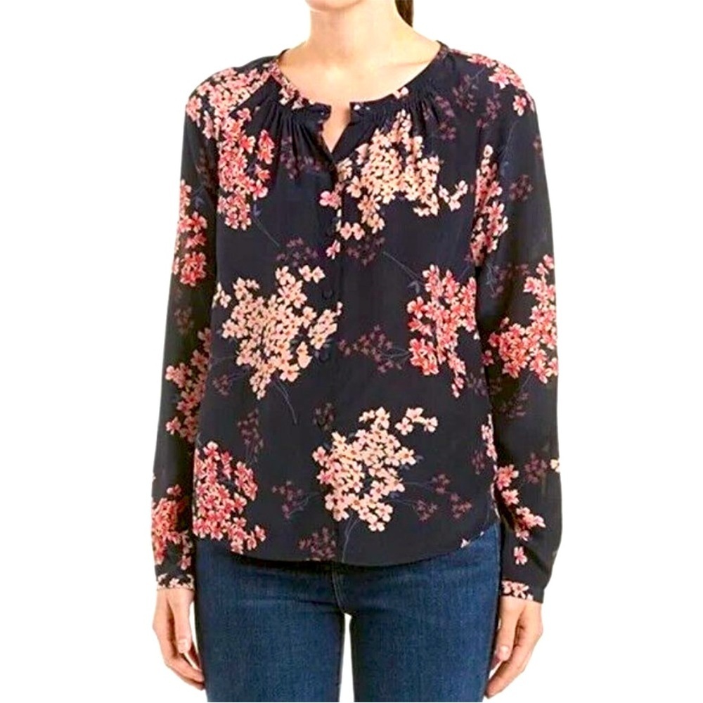 Rebecca Taylor Navy Floral Button-Down Blouse